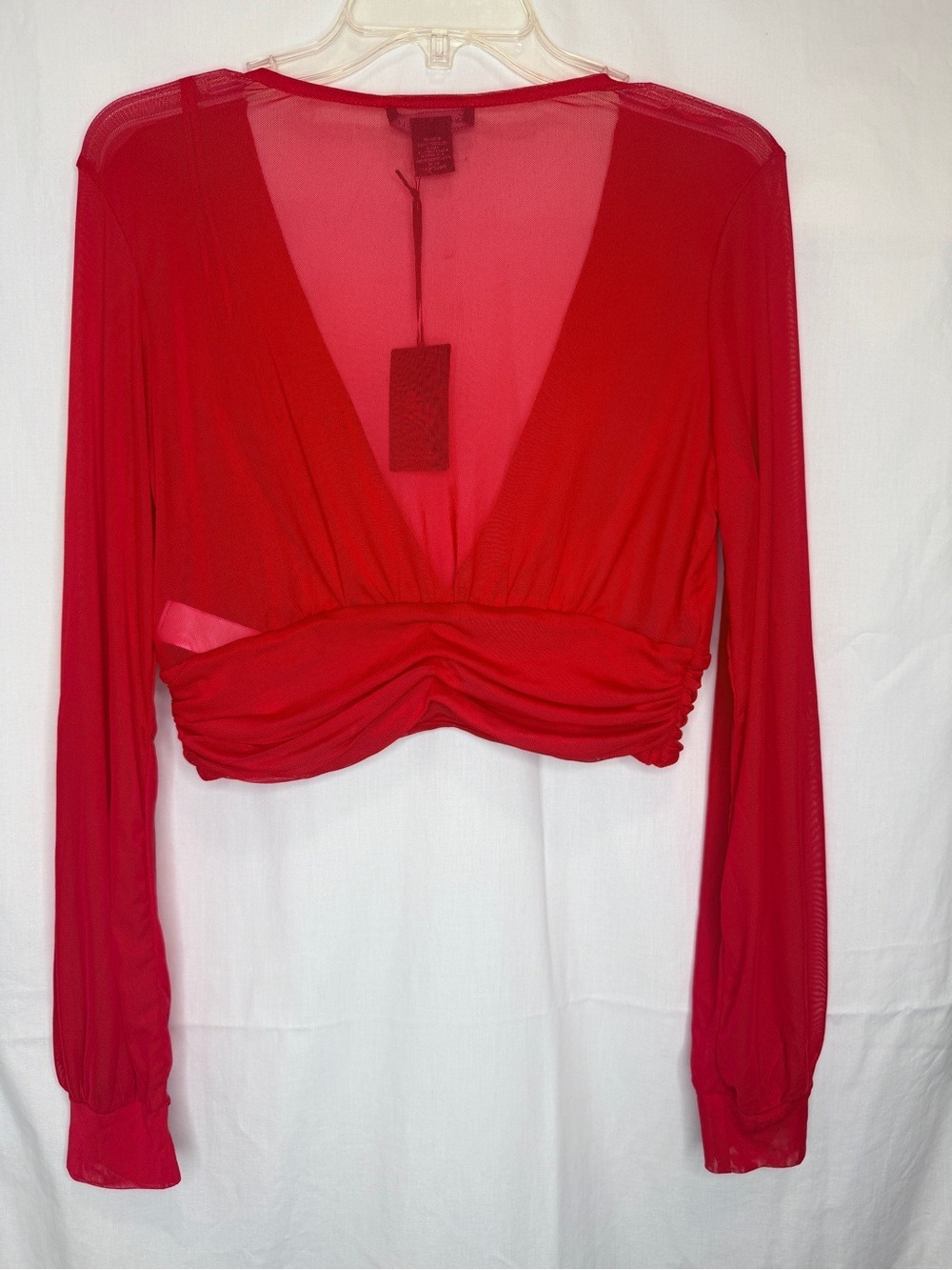 NEW WITH TAGS-Sincerely Jules Red Sheer Mesh Long Sleeve Crop Top Deep V-Neck M - Picture 6 of 7